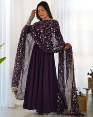 Ready To Wear Dark Purple Faux Georgette Sequence Work Anarkali Gown With Dupatta