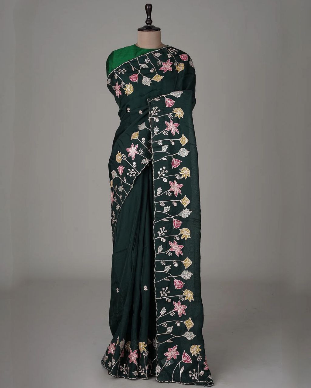 Desinger Green-Blue Silk Sequence Work Saree With Blouse