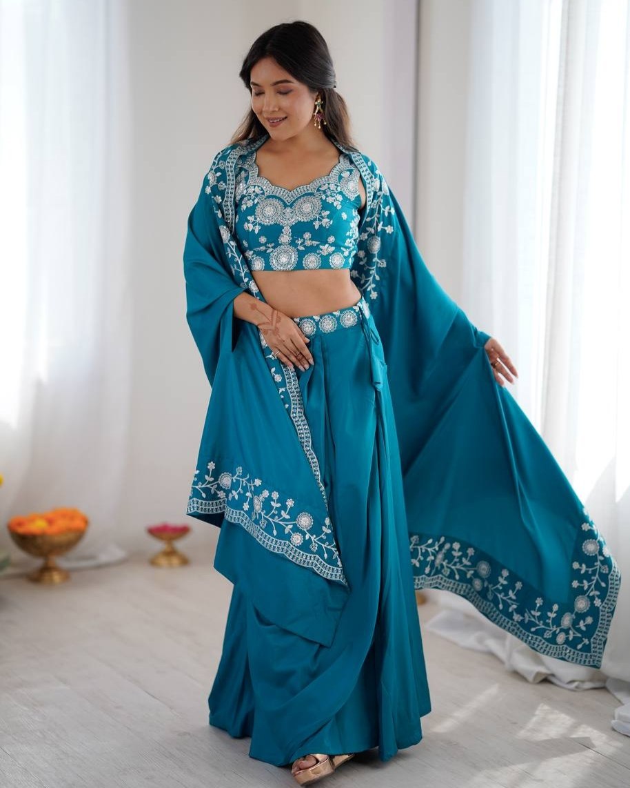 Premium Rama Premium French Crep Embroidery Western Dhoti Choli With Shrug