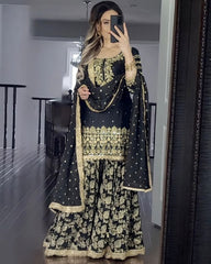 Designer Black Faux Georgette Sequence Work Sharara Suit With Dupatta