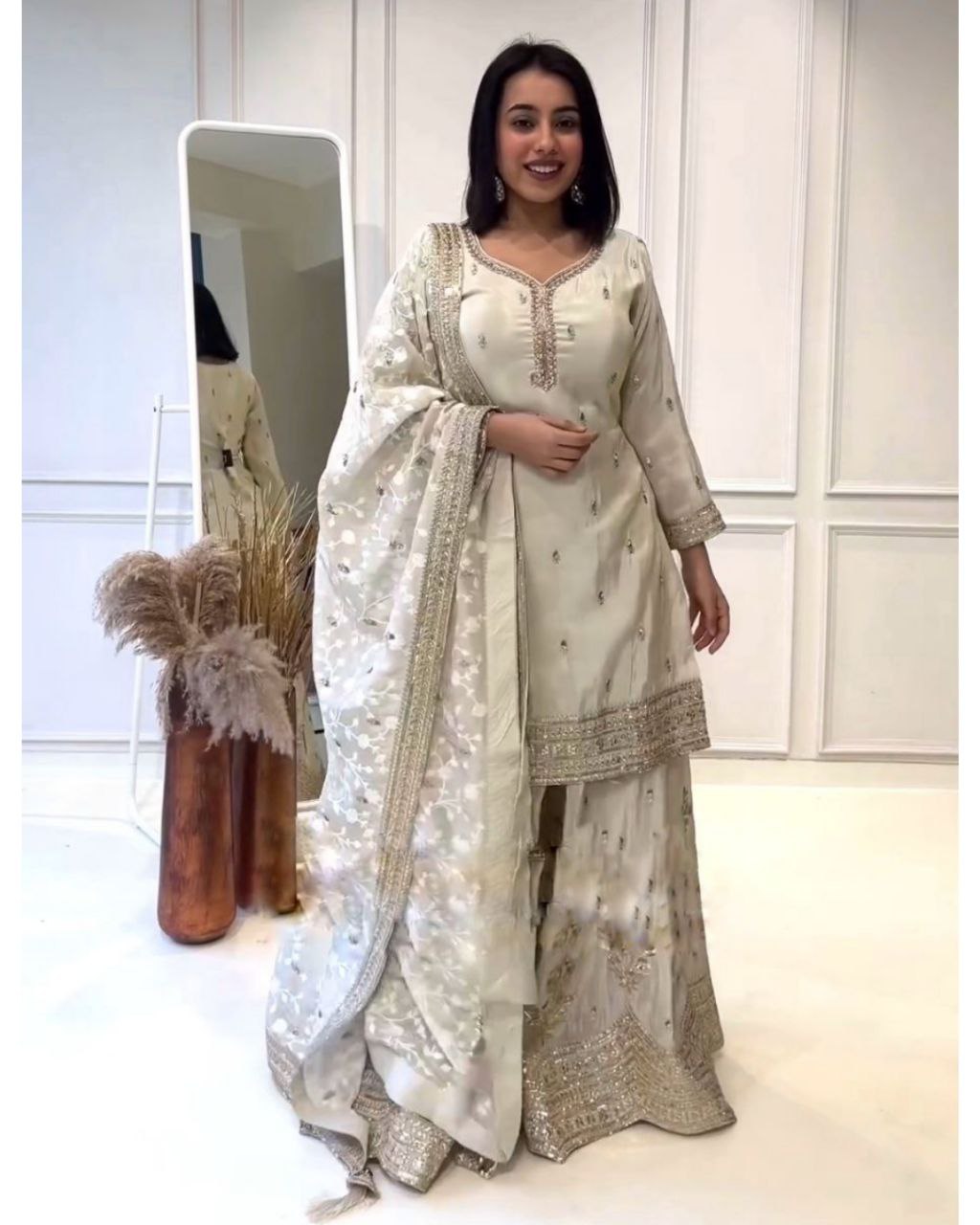 Ready To Wear Off White Pure Silk Embroidery Work Sharara Suit With Dupatta