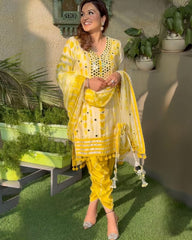 Ready To Wear Yellow French Crape Paper Mirror Work Dhoti Salwar Suit With Dupatta