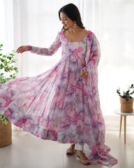 Ready To Wear Lilac Organga Silk Floral Print Work Anarkali Suit With Dupatta