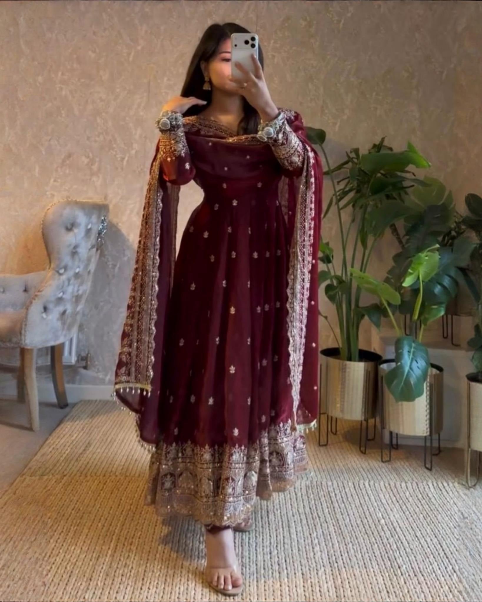 Exclusive Maroon Black Green Heavy Georgette Embroidery Anarkali Suit With Dupatta