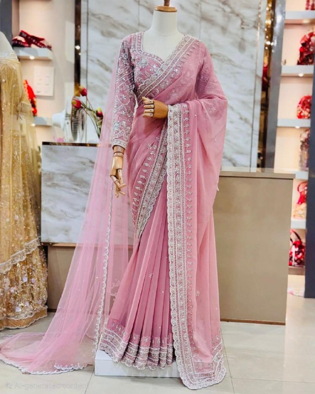 Ready To Wear Pink Soft Georgette Embroidery Saree With Blouse And Dupatta