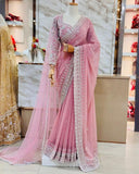 Ready To Wear Pink Soft Georgette Embroidery Saree With Blouse And Dupatta