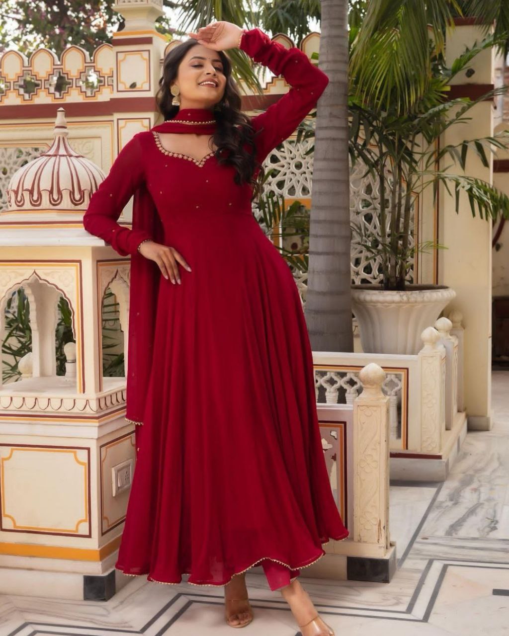 Ready To Wear Maroon Pure Georgette Embroidery Work Anarkali  Suit With Dupatta