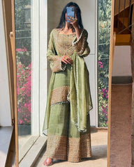Exclusive Yellow And Green Frendy Silk Embroidery Palazo Kurti With Dupatta