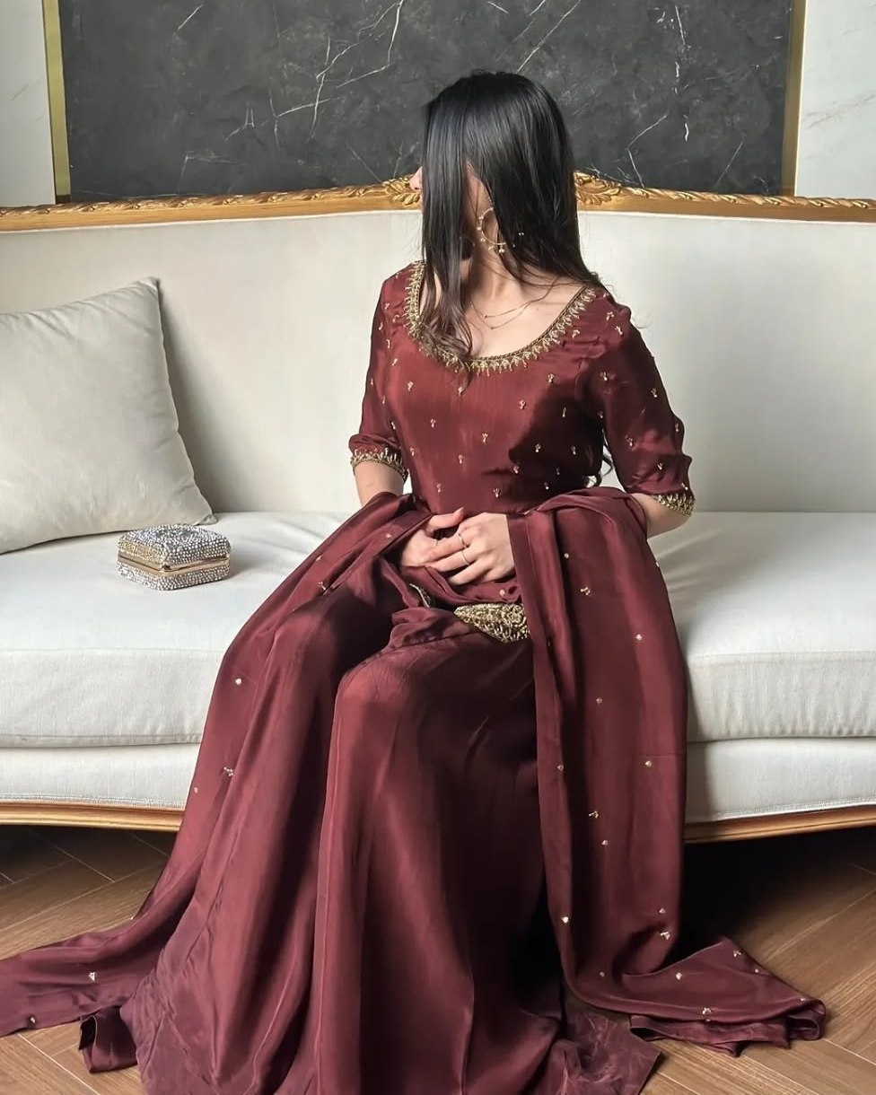 Exclusive Maroon Natural Crep Silk Embroidery Palazo Kurti With Dupatta