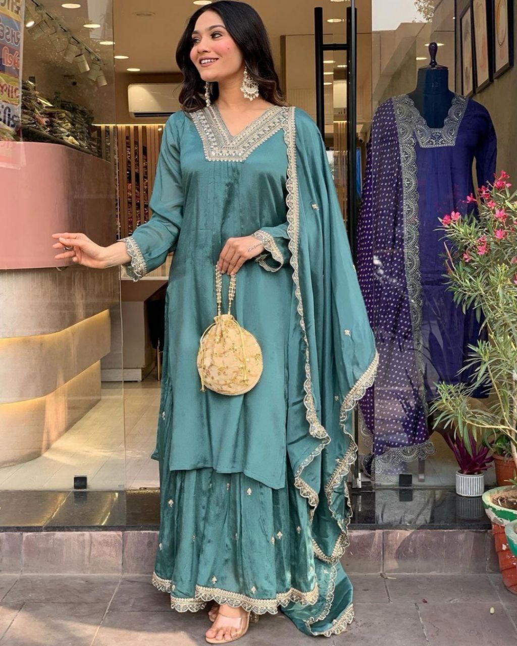 Ready To Wear Sea Green Chinon Silk Embroidery Work Sharara Suit With Dupatta