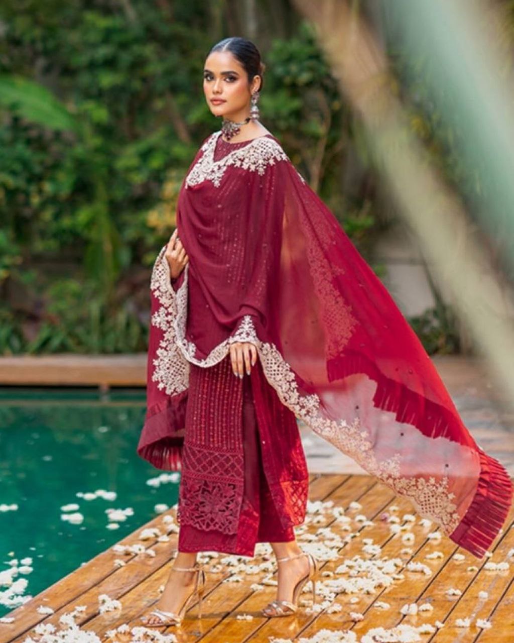 Ready To Wear Maroon Pure Georgette Embroidery Work Pakistani With Dupatta