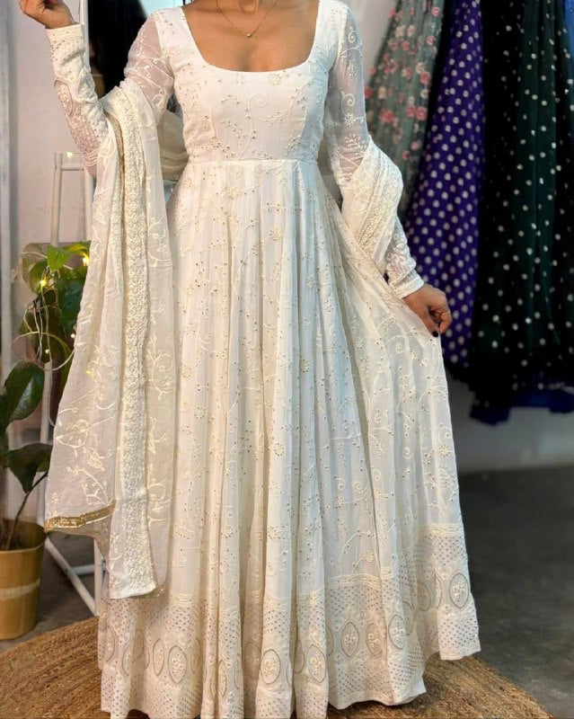 Exclusive White Slim Georgette Embroidery Gown Set With Dupatta