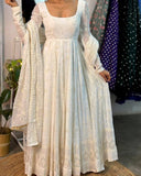 Exclusive White Slim Georgette Embroidery Gown Set With Dupatta