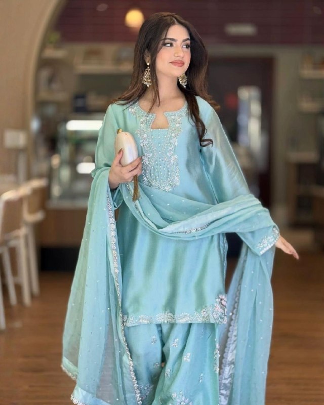 Ready To Wear Sky Blue Roman Glass Silk Farshi Salwar Kurti With Dupatta