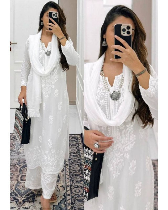 Ready To Wear White Chikankari Kurti Palazo With Dupatta