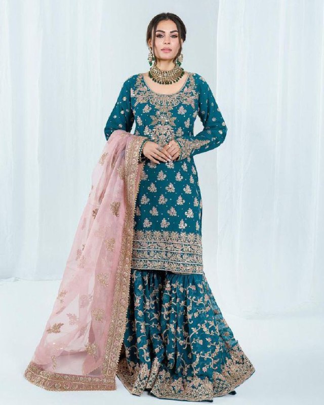 Designer Rama Chinon Silk Embroidery Work Gharara Suit With Pink Dupatta