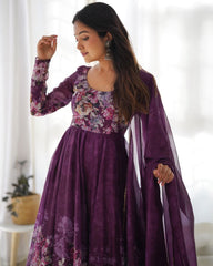 Ready To Wear Purple Organga Silk Floral Print Work Anarkali Suit With Dupatta