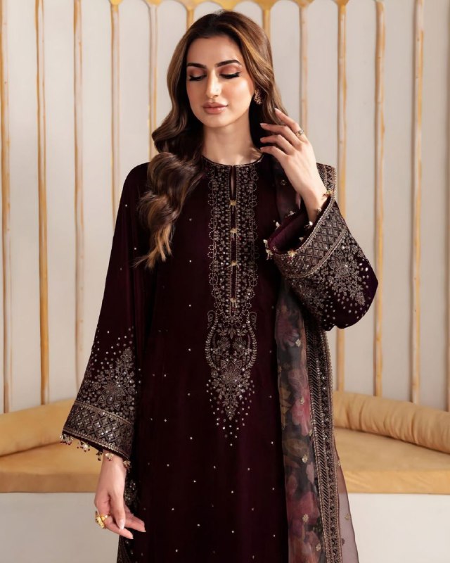 Ready To Wear Wine Micro Velvet Embroidery Work Pakistani Pant Suit With Dupatta