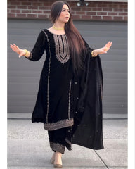 Designer Black Micro Velvet Embroidery Work Pakistani Suit With Dupatta