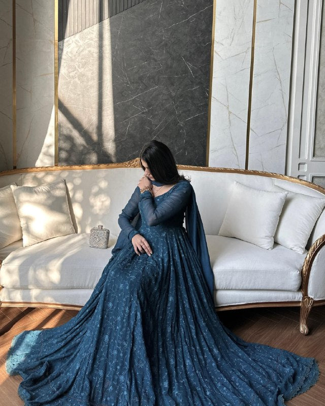 Ready To Wear Deep Teal Blue Soft Georgette Embroidery Gown Pant With Dupatta
