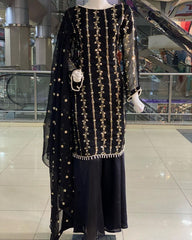 Ready To Wear Black Pure Georgette Embroidery Work Plazzo Suit With Dupatta