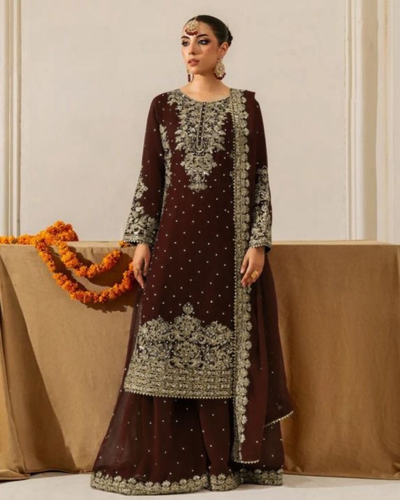 Exclusive Red Blue Brown Soft Georgette Embroidery Palazo Kurti With Dupatta