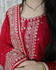 Ready To Wear Red Mastani Silk Embroidery Work Pant Suit With Dupatta