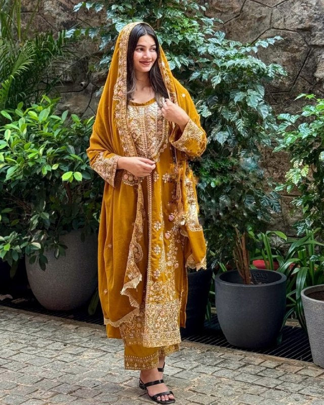 Ready To Wear Mustard Pure Georgette Embroidery Work Pakistani Suit With Dupatta