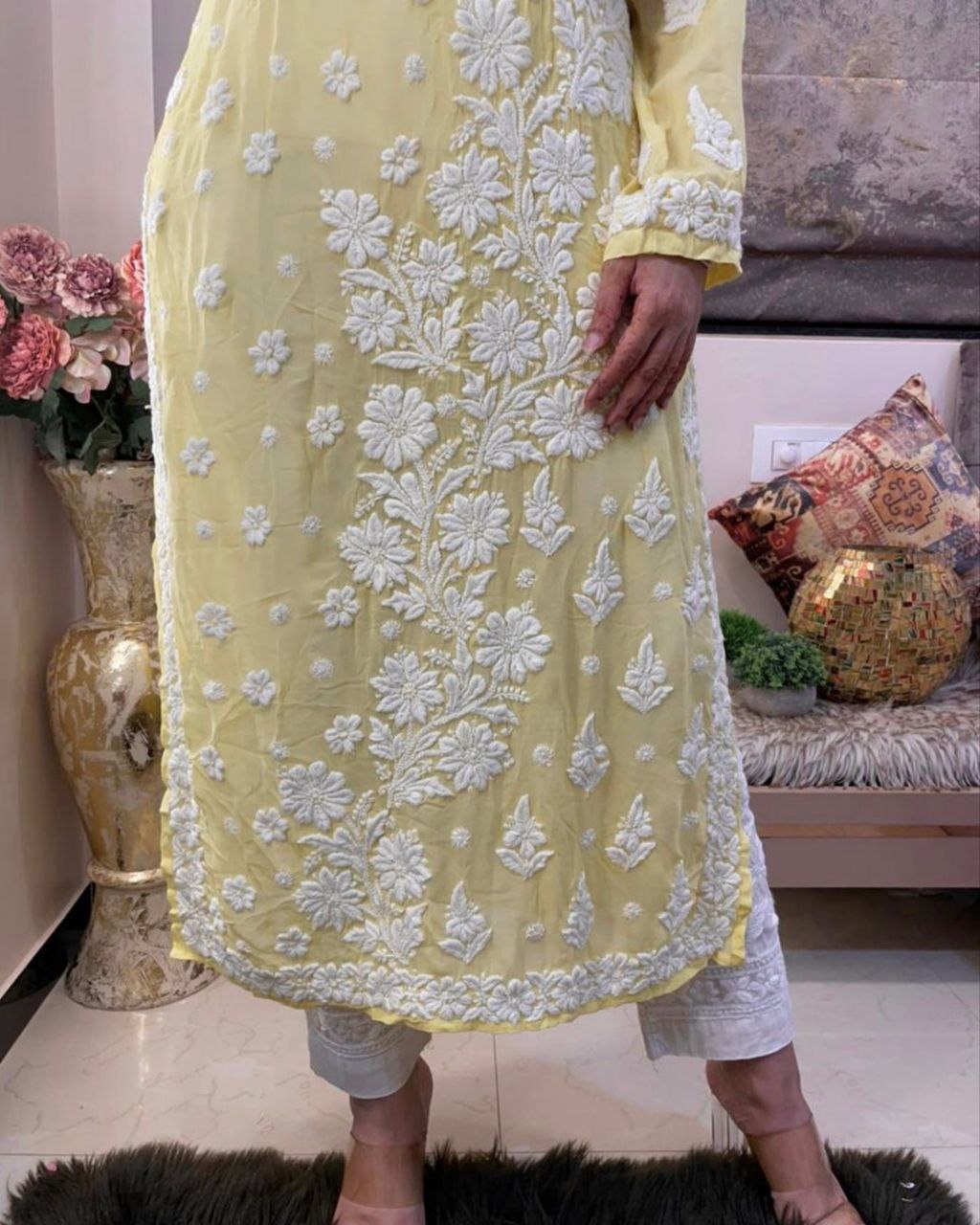 Ready To Wear Yellow Faux Georgette Embroidery Work Chikan Kari Suit