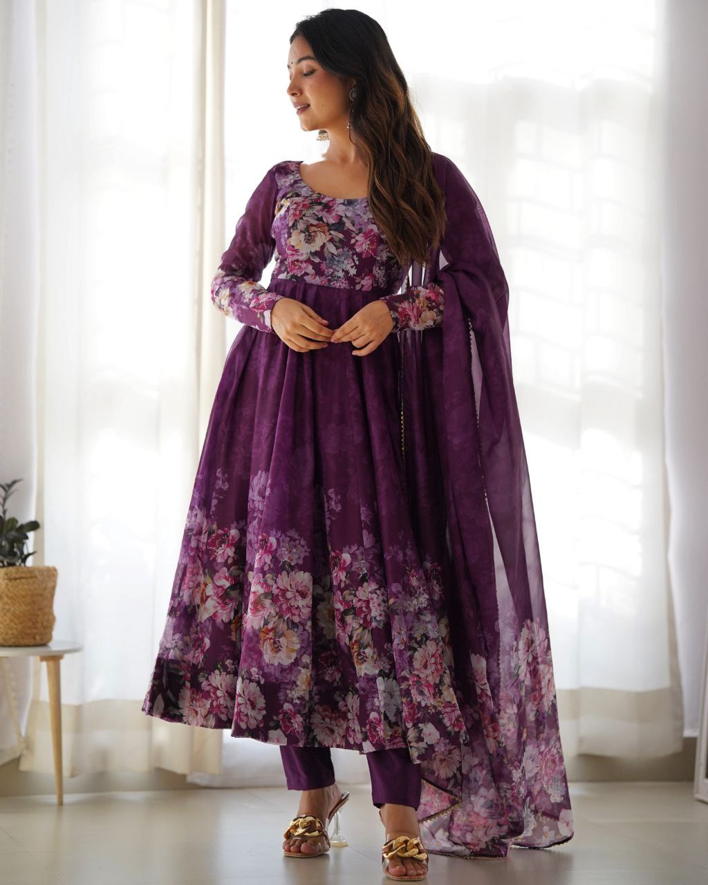 Ready To Wear Purple Organga Silk Floral Print Work Anarkali Suit With Dupatta