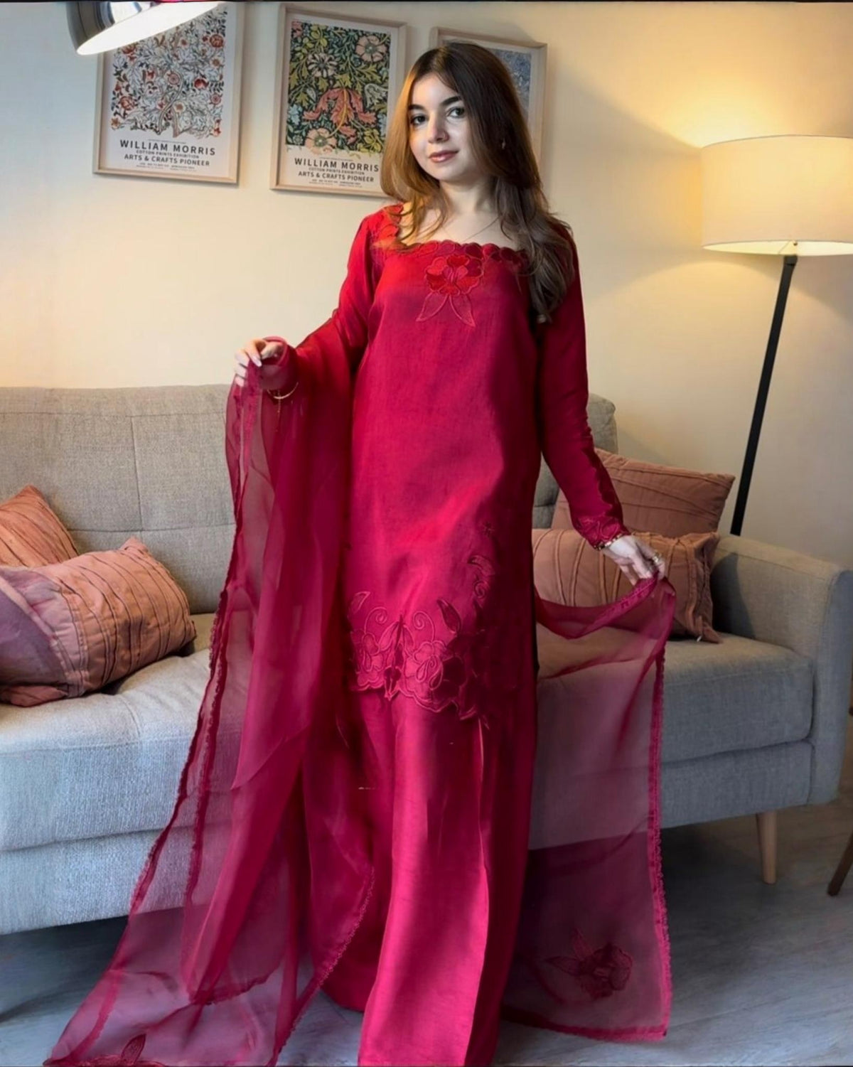 Ready To Wear Deep Wine Red Roman Silk Embroidery Farshi Salwar Kurti With Dupatta