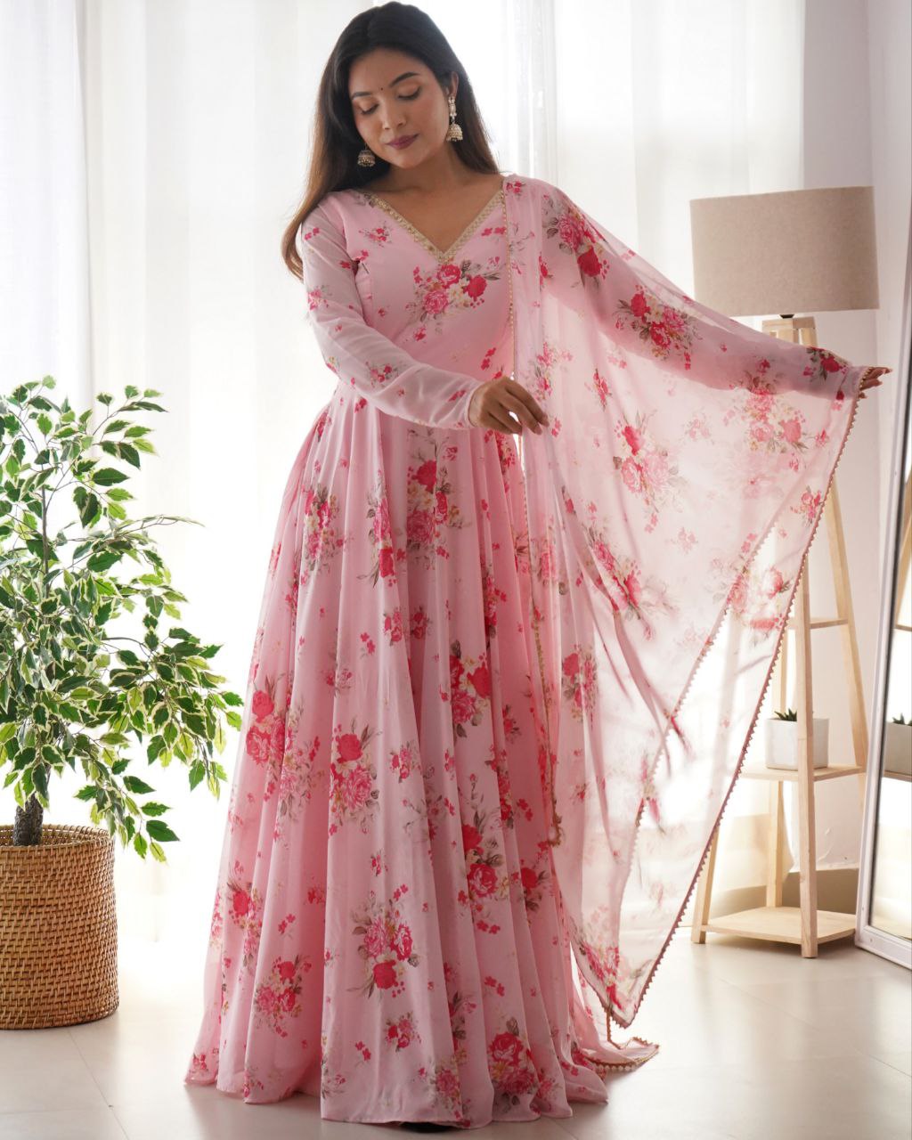 Ready To Wear Baby Pink Soft Georgette Floral Print Work Anarkali Suit With Dupatta