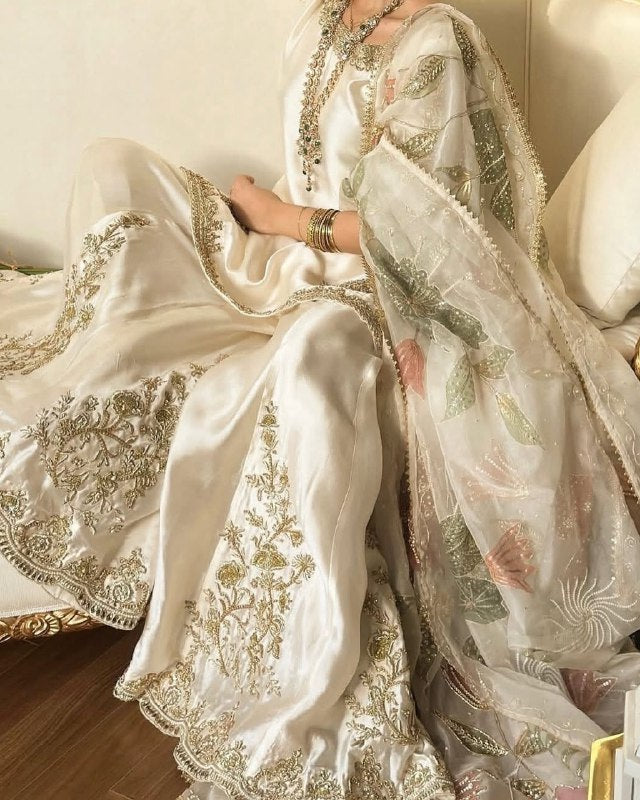 Ready To Wear White Chinon Silk Embroidery Top Bottom With Dupatta