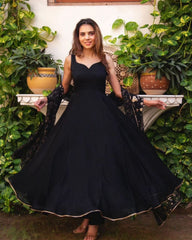 Ready To Wear Black Pure Georgette Embroidery Work Anarkali Suit With Dupatta