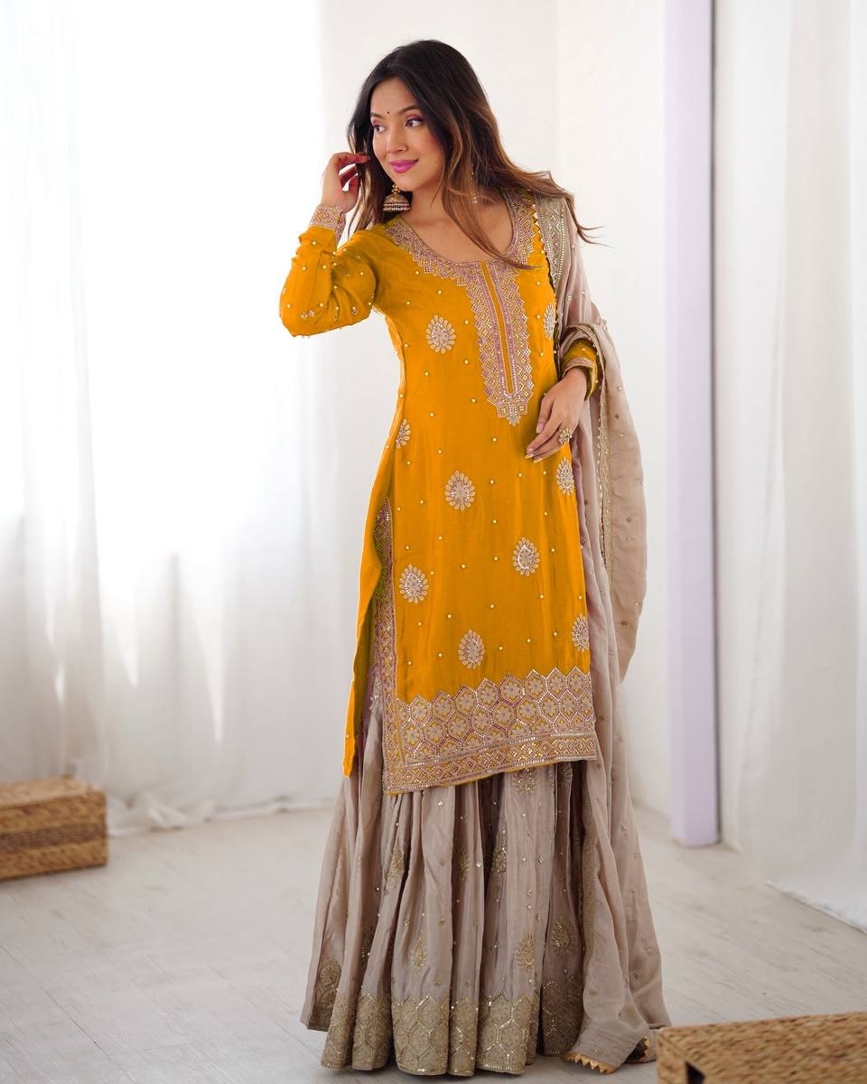 Premium Yellow Peacock Blue Premium Chinon Silk Embroidery Gharara Suit With Dupatta