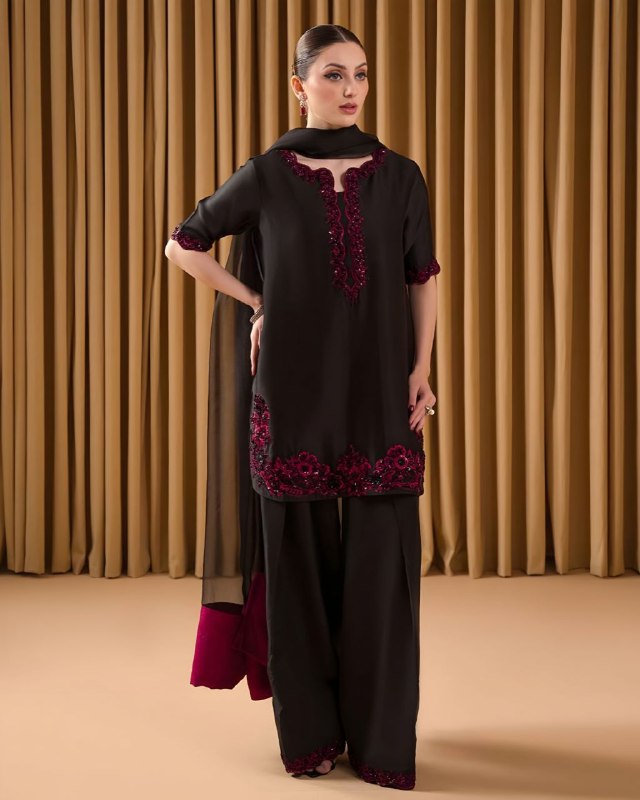 Exclusive Black Pure Natural Crep Embroidery Farshi Salwar Suit With Dupatta