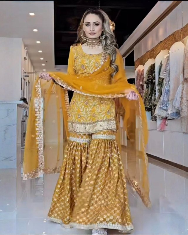 Ready To Wear Mustard Heavy Chinon Silk Embroidery Sharara Kurti With Dupatta