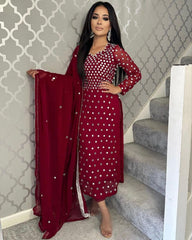 Ready To Wear Maroon Faux Georgette Paper Mirror Work Pant Suit With Dupatta