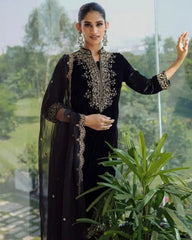 Ready To Wear Black Micro Velvet Embroidery Work Pakistani Suit With Dupatta