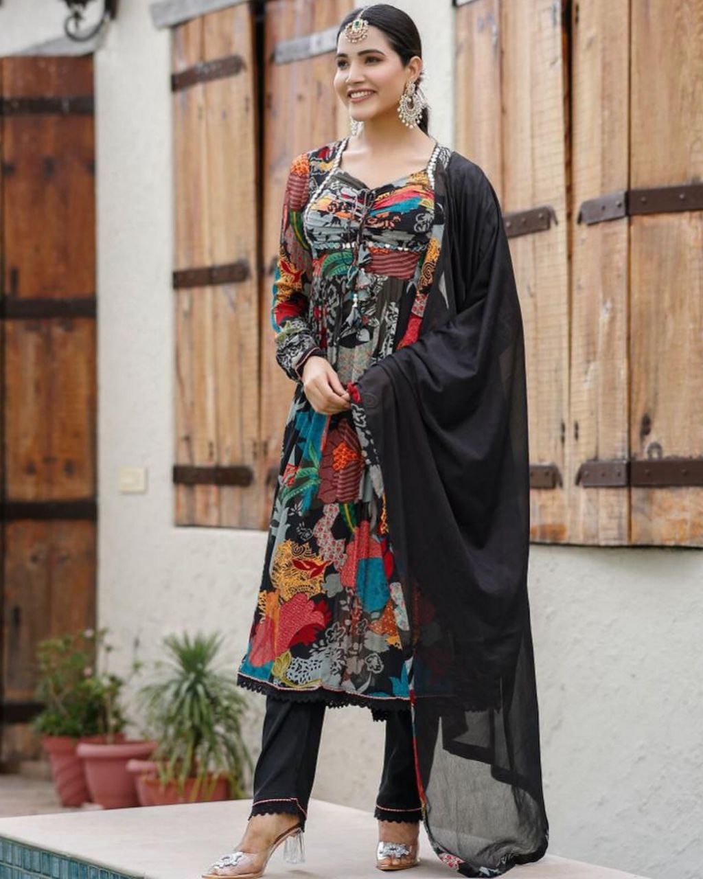 Ready To Wear Black Faux Georgette Digital Print Work Anarkali Suit With Dupatta