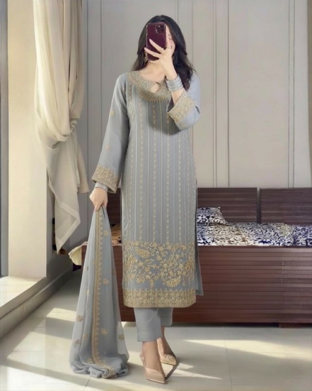 Exclusive Blue Wine Grey Chinon Silk Embroidery Kurti Pant With Dupatta