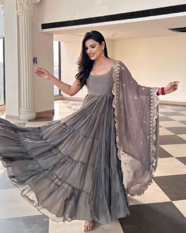 Ready To Wear Grey Heavy Georgette Ruffle Flair Work Anarkali Gown With Dupatta