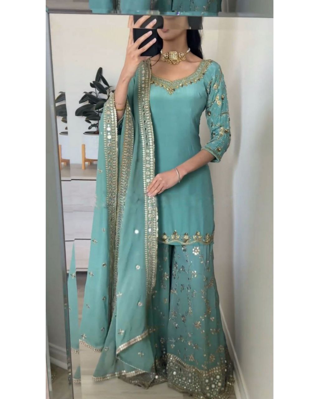 Ready To Wear Sea Green Pure Georgette Embroidery Work Sharara Suit With Dupatta