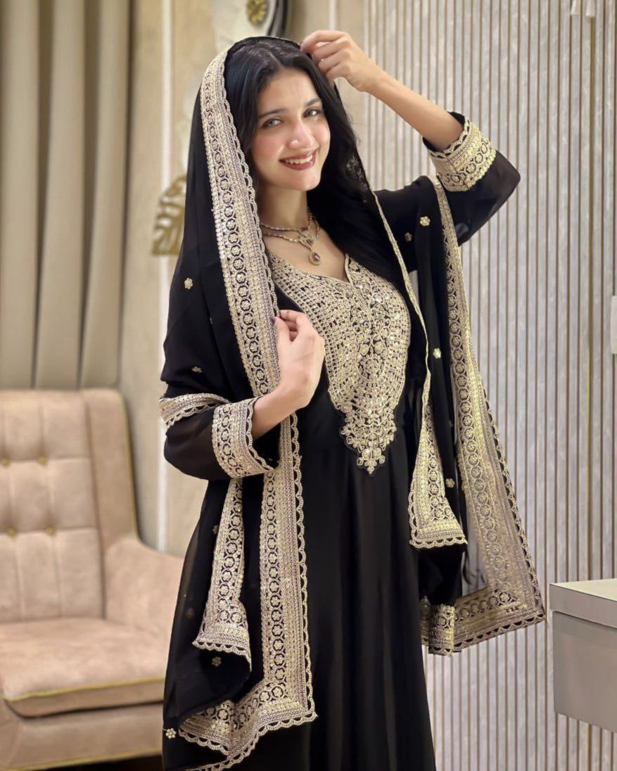 Exclusive Black Dark Pink Purple Soft Georgette Embroidery Gown Pant With Dupatta