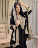 Exclusive Black Dark Pink Purple Soft Georgette Embroidery Gown Pant With Dupatta