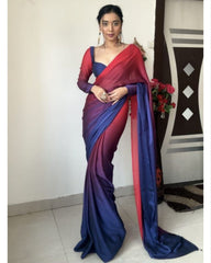 Designer Blue-Red Rangoli Silk Shaded Work Saree With Blouse