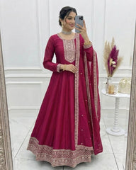 Exclusive Dark Pink Pure Vichitra Silk Anarkali Suit With Dupatta