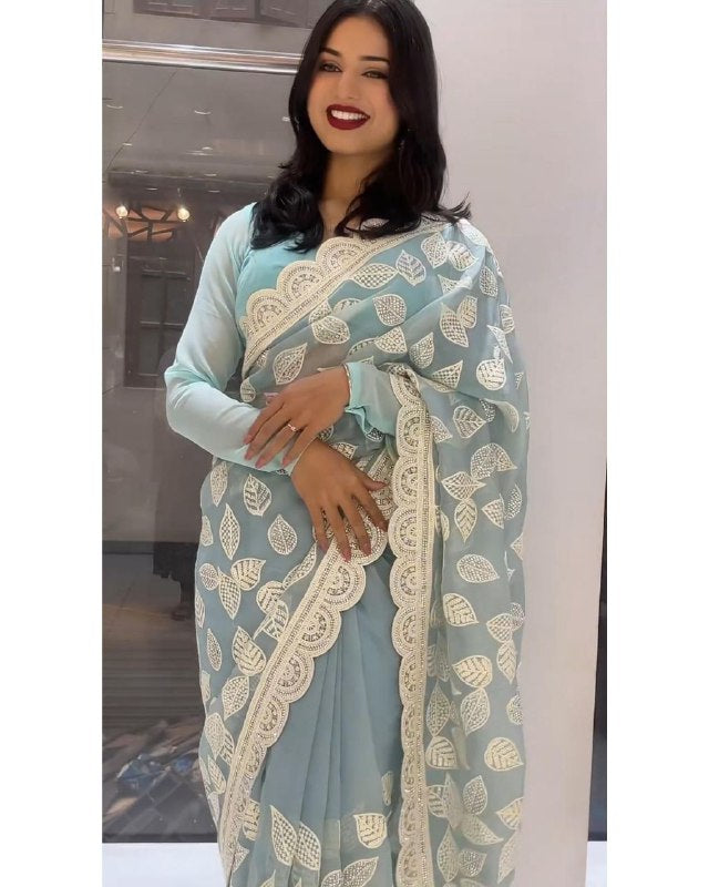 Designer Sky Pure Georgette Embroidery Work Saree With Blouse