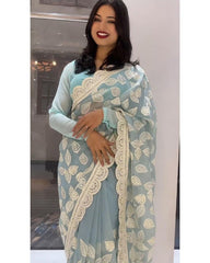 Designer Sky Pure Georgette Embroidery Work Saree With Blouse