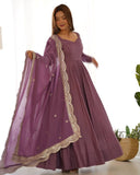 Premium Lavender Chanderi Roman Silk Embroidery Anarkali Suit With Dupatta
